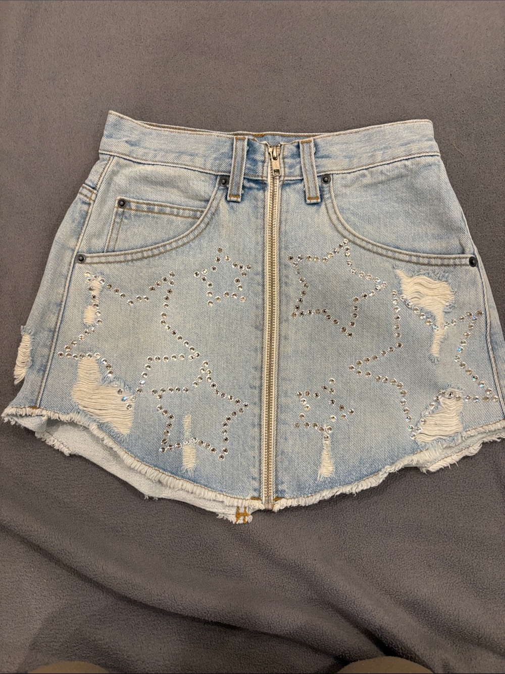 Carmar Light Blue Star-Studded Denim Mini Skirt with Front Zip
